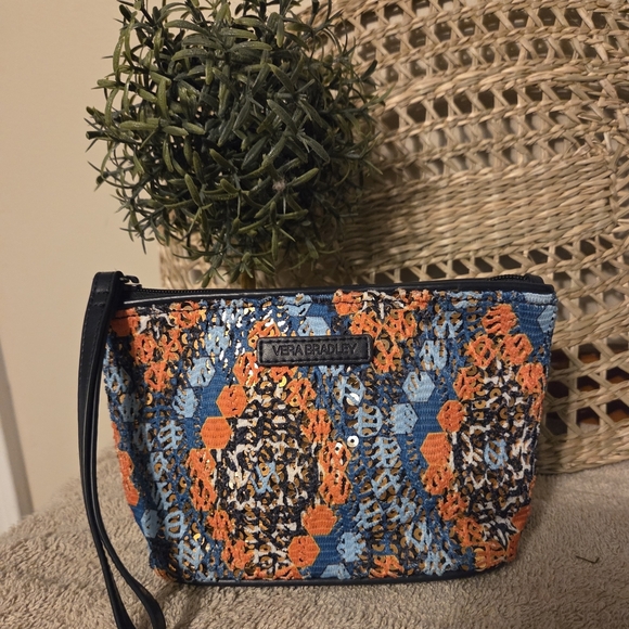 Vera Bradley Blue and Orange Sequin Metallic Print Cosmetic Case EUC!  Beautiful - Picture 1 of 7